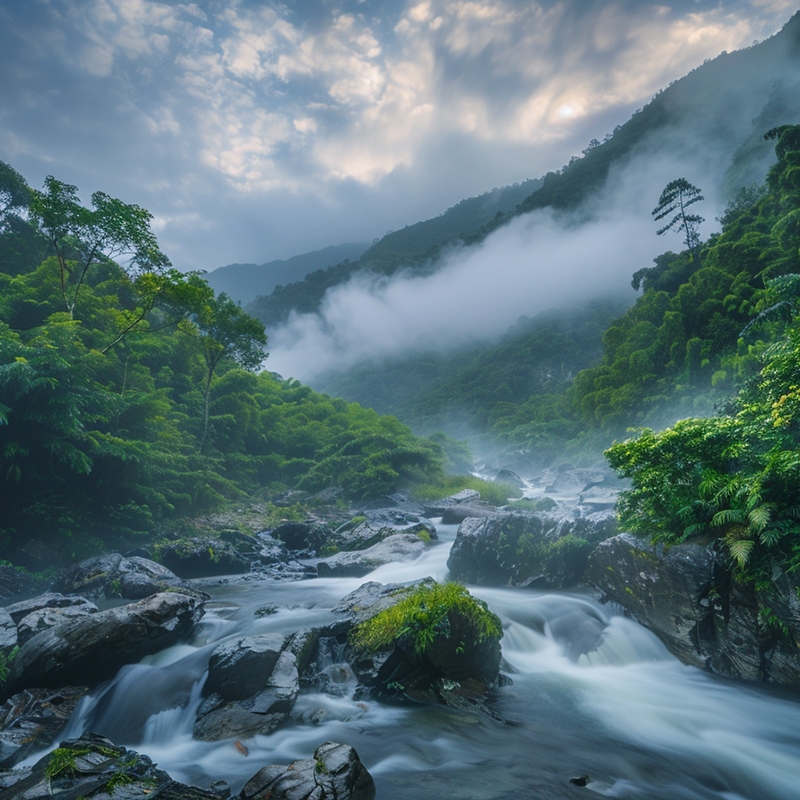 南投山水美景 - 雲霧繚繞的山脈、清澈溪流